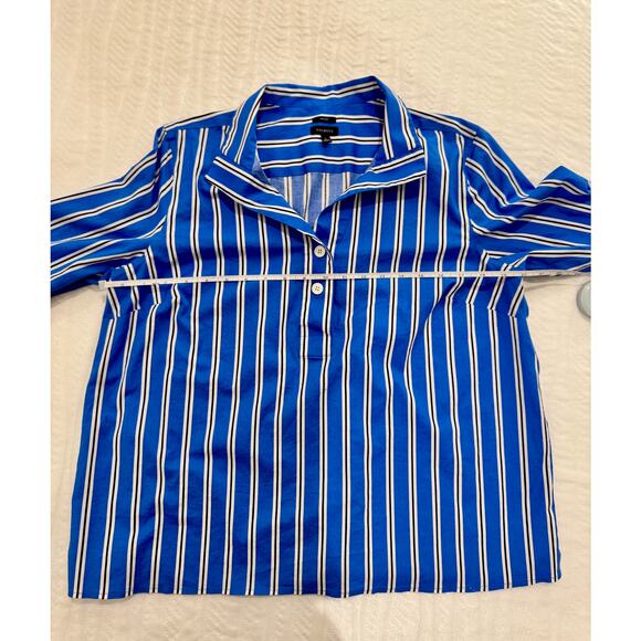 Talbots Easy Care Shirt Women's Large Blue White Black Stripes Coastal Nautical - Picture 9 of 15